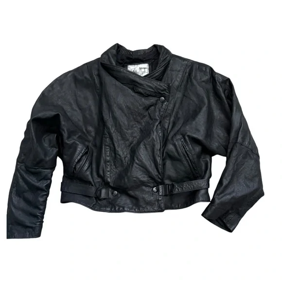 Vintage 1980s Philip Noel Cropped Black Leather Boxy Jacket